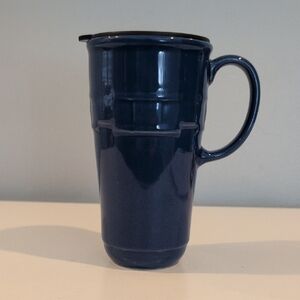 Longaberger Ceramic Woven Traditions Cornflower Blue Travel Mug With Lid